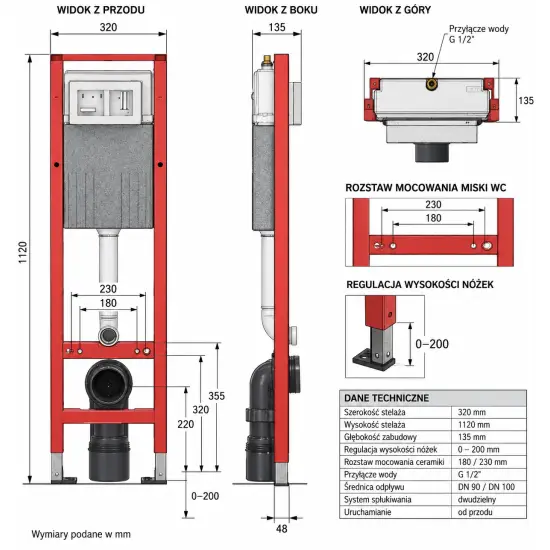 TECE TECEbase 320 x 135 x 1120 mm stelaż do WC podtynkowy uruchamianie z przodu 2/4l